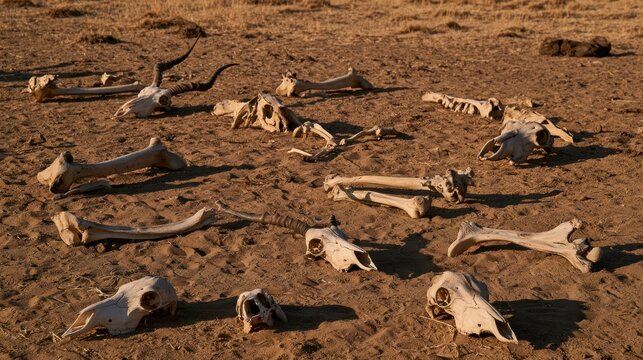 Impala skulls and bleached animal bones scattered on parched savanna ground, symbolizing drought and mortality in the wild.