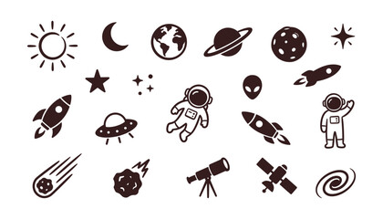 A collection of black silhouette icons featuring astronauts rockets planets and celestial objects © Sai-man
