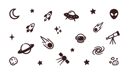 A collection of hand drawn space icons including rockets planets stars and an astronaut helmet © Sai-man