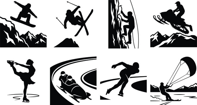Vector silhouette set of winter sports athletes including snowboarder, skier, skater, and bobsleigh isolated.