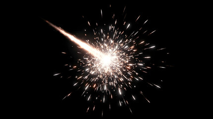 Obraz premium A bright burning sparkler firework isolated on a deep black background creating a beautiful explosion of golden light particles for festive holiday celebration themes