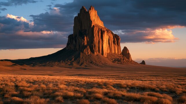 Majestic Shiprock Peak at Sunset, New Mexico High Desert Landscape