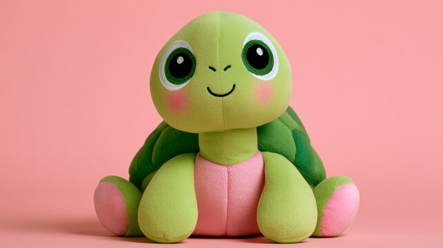 Cute green plush turtle toy with large eyes and pink belly on a pink background