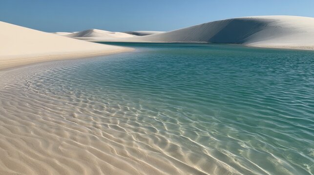 Beautiful white sand dunes and crystal clear turquoise lagoon in Lencois Maranhenses National Park, Brazil