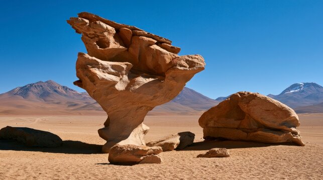 Arbol de Piedra (Stone Tree) unique wind-eroded rock formation in the Siloli Desert, Bolivia