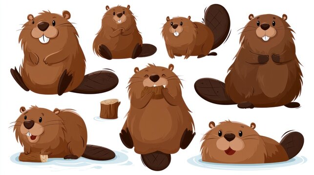 Set of Cute Cartoon Beavers in Various Poses, Vector Illustration Isolated on White Background