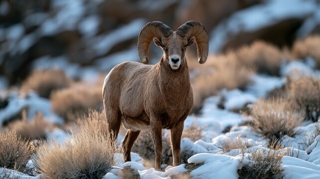 Majestic Bighorn Sheep Ram Standing in a Snowy Mountain Landscape