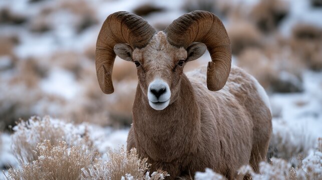Majestic Bighorn Sheep Ram Standing in a Snowy Winter Landscape