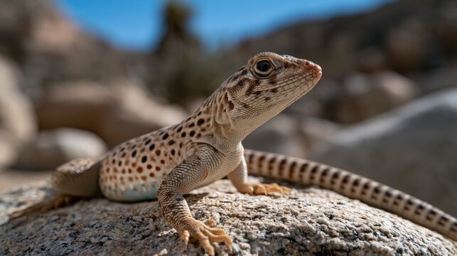 Close-up of a Spotted Leopard Lizard Basking on a Rock in the Desert