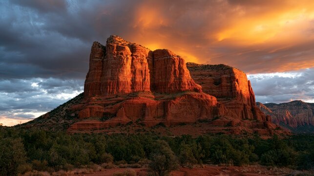 Majestic Red Rock Formations at Sunset with Dramatic Stormy Sky in Sedona, Arizona