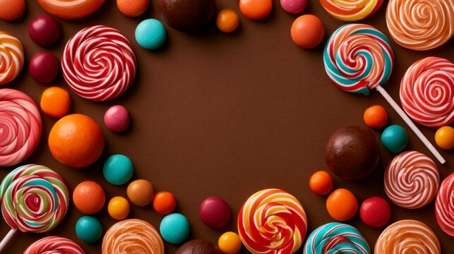Colorful Assorted Candies and Spiral Lollipops Border on Brown Background with Copy Space