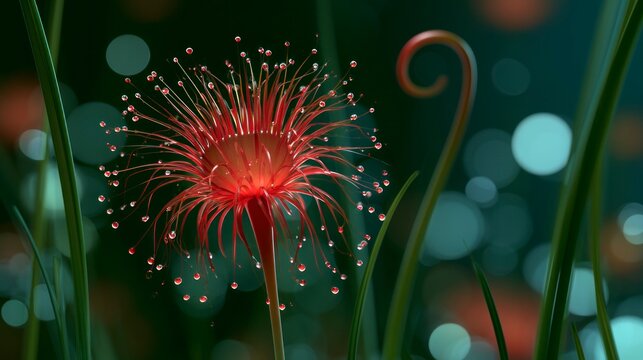 Macro View of a Glowing Red Sundew Plant with Glistening Dew Droplets in a Dreamy Forest Setting