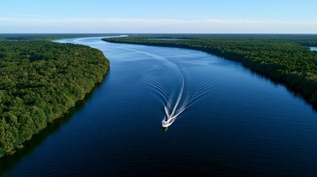 Aerial view of a boat cruising on a wide river surrounded by a dense tropical forest under a clear blue sky