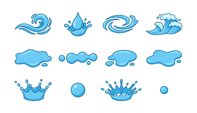 Collection of water droplet and wave icons in blue color Vector