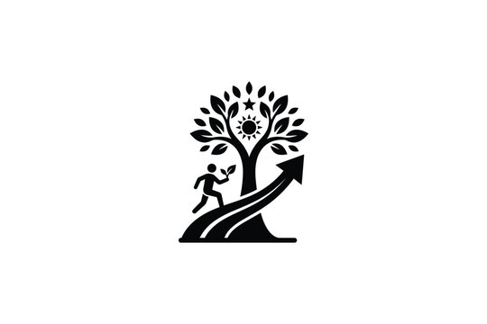 Black tree icon with person walking up an ascending arrow path symbol of growth success and sustainability.