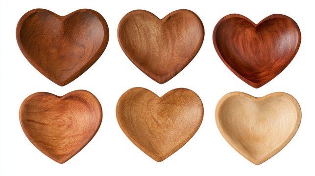 Set of six heart-shaped wooden bowls in various wood tones isolated on a white background