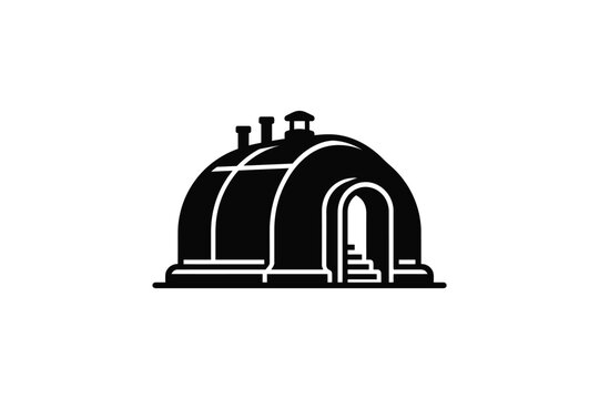 Black and white icon of a domed quonset hut subterranean shelter or cellar structure with entrance steps and chimneys.