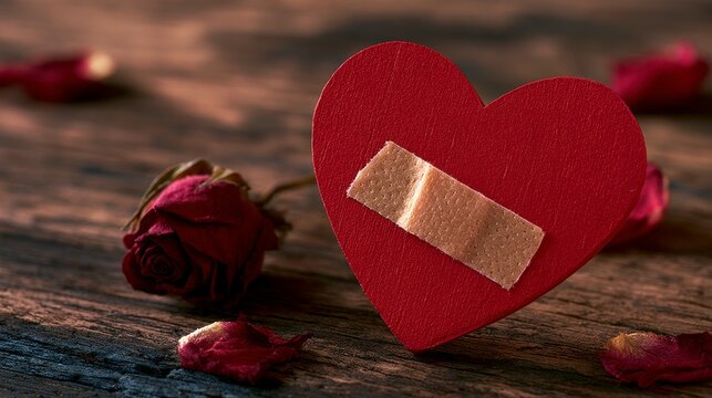 Red Wooden Heart with Adhesive Bandage and Wilted Rose on Dark Wood, Heartbreak and Healing Concept