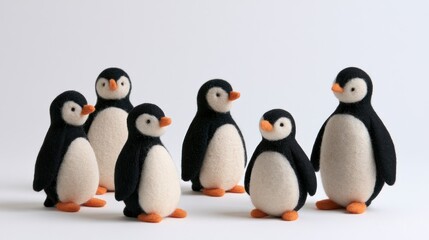 Obraz premium Group of Six Handcrafted Needle Felted Penguins Isolated on a White Background