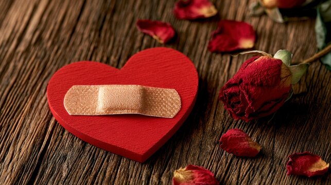 Red Wooden Heart with Adhesive Bandage and Dried Rose Petals on Rustic Wood Background - Concept of Heartbreak and Emotional Healing