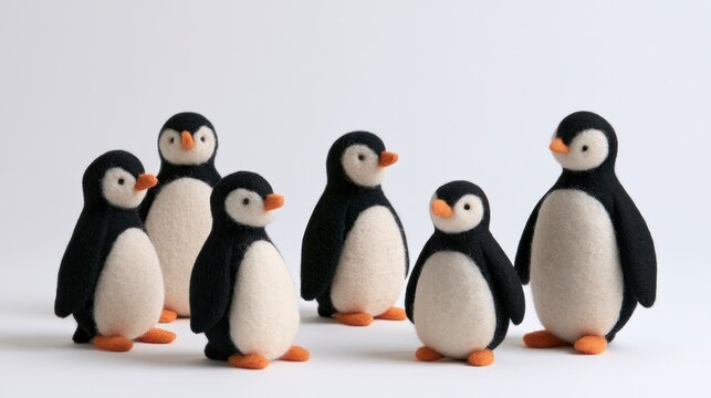 Group of Six Handcrafted Needle Felted Penguins Isolated on a White Background
