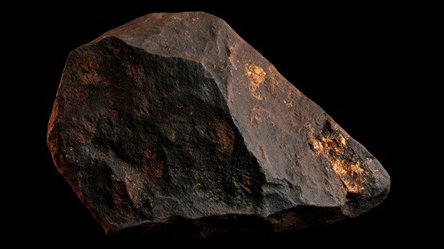 Close-up of a dark meteorite specimen with textured surface isolated on black background
