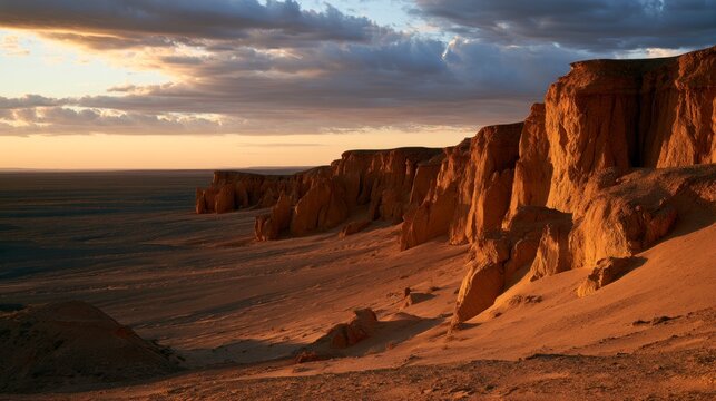 Sunset over the Majestic Flaming Cliffs of Bayanzag in the Gobi Desert, Mongolia