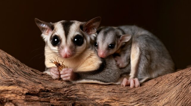 Adorable sugar glider mother and baby joey perched on a wooden branch while eating an insect