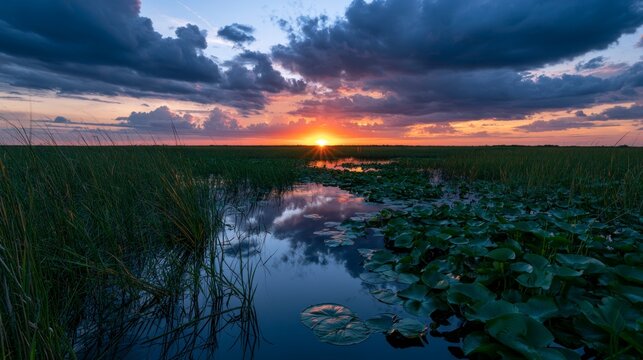 Breathtaking Sunset Over the Florida Everglades Swamp with Water Lily Pads and Dramatic Sky