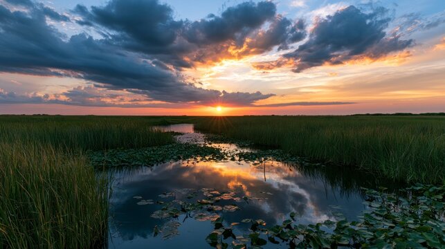 Beautiful Sunset Over the Florida Everglades Swamp with Lily Pads and Reflections
