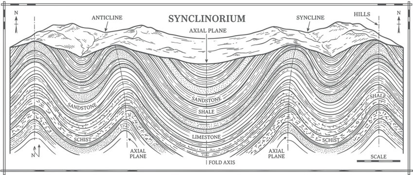 Geological cross-section of folded rock strata