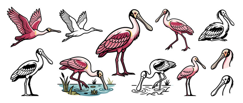 Pink Spoonbill Bird Collection Isolated Transparent Background