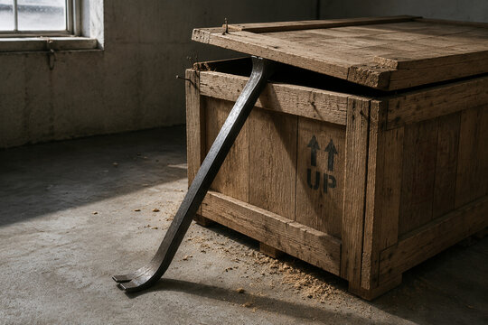Steel pry bar opening wooden shipping crate lid, tools and construction concept