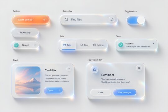 Glassmorphism user interface elements showcase a variety of digital controls and notification windows userinterface buttons