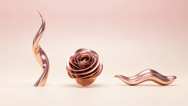 Metallic rose gold sculptural including a spiral, a rose flower, and a wavy line