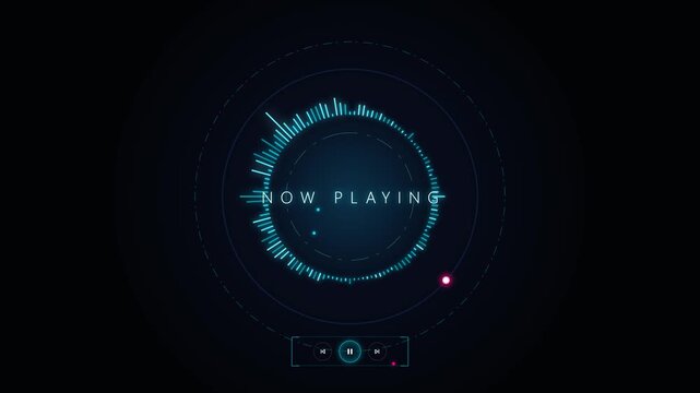 A glowing circular pulse visualizer represents real time audio activity on a dark interface screen display as dynamic sound waves move rhythmically across the monitor to indicate musical