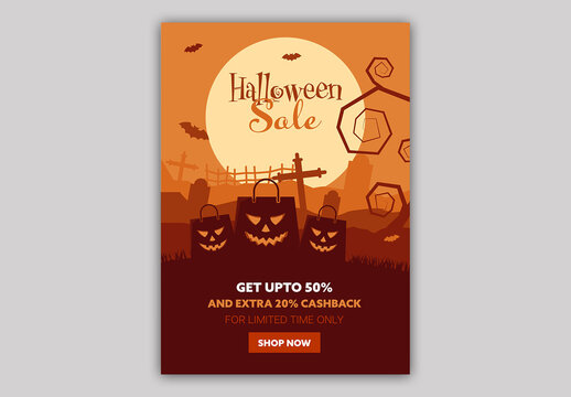 Editable Halloween Sale Flyer Template Design with 50 Percent Off and Scary Face Shopping Bag at Orange Graveyard.