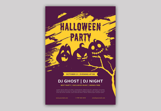 Editable Halloween Party Flyer Design with Jack O Lantern on Brush Stroke Purple and Yellow Background.