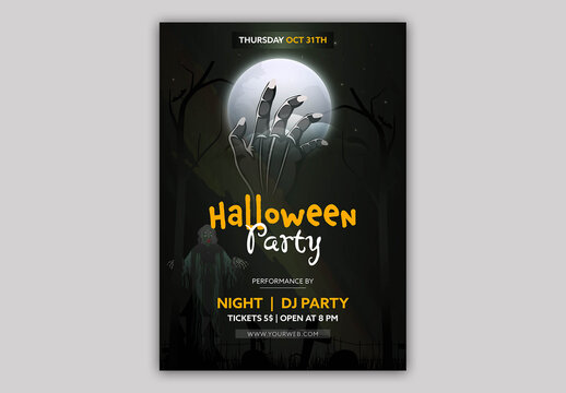 Editable Halloween Party Flyer Template Design with Ghost at Night Graveyard.