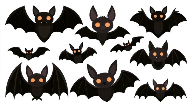 Set of Cute Cartoon Bats with Glowing Orange Eyes for Halloween Decoration - Isolated Vector Illustration on White Background