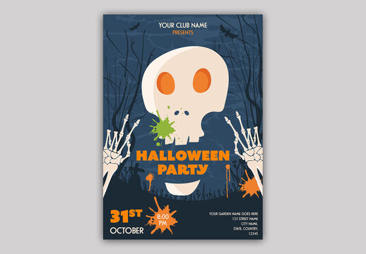 Editable Halloween Party Invitation Flyer Design with Skeleton in Graveyard and Venue Detail.