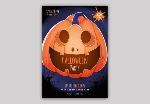 Editable Halloween Party Invitation Flyer Design with Creepy Pumpkin at Blue Graveyard and Event Detail.