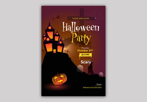 Editable Halloween Party Invitation Flyer Design with Jack O Lantern in Front of Haunted House and Barking Dog.