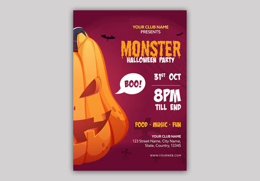 Editable Monster Halloween Party Invitation Flyer Design with Jack O Lantern at Pink Graveyard.