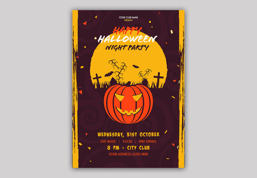 Editable Happy Halloween Party Invitation Flyer Design with Jack O Lantern at Graveyard and Event Detail.