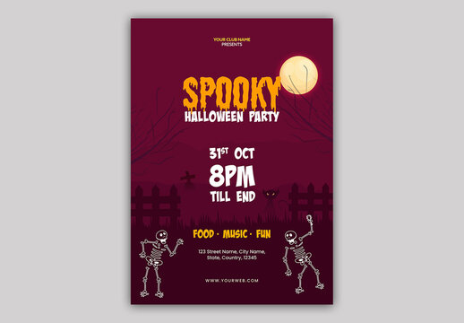 Editable Spooky Halloween Party Invitation Flyer Design with Dancing Skeleton on Pink Graveyard.