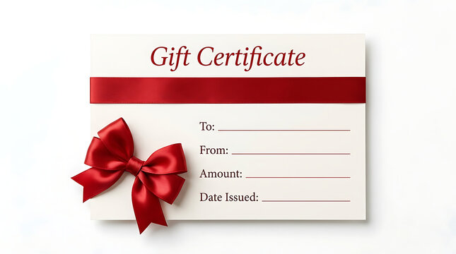Gift Certificate Voucher Card Template with Red Ribbon Bow and Empty Lines for Text