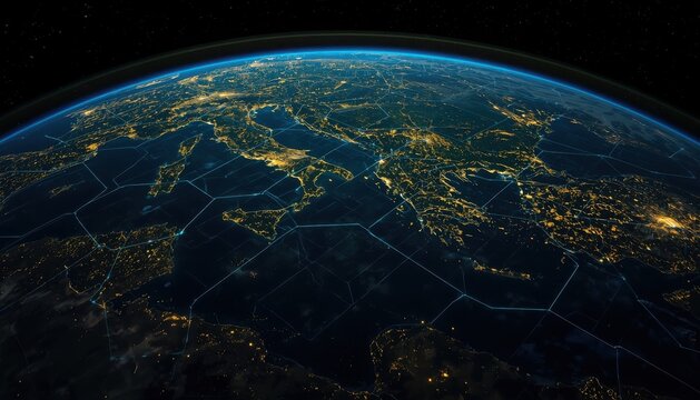 Extensive urban sprawl and densely populated metropolitan areas glowing brightly across earth at night with metropolitan area city lights human activity blue glow illumination population