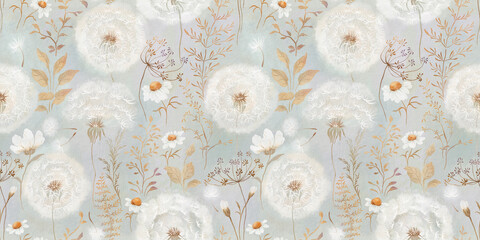 Obraz na płótnie Canvas Watercolor seamless pattern with wildflowers, plants, dandelions and daisies. Delicate handmade print on paper texture for wallpapers, fabric, home textile or background, design floral pattern