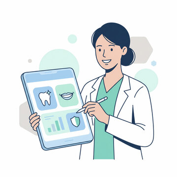 Female Dentist Doctor Holding Digital Tablet with Dental Care App, Flat Vector Illustration of Online Dentistry, Consultation, and Oral Health